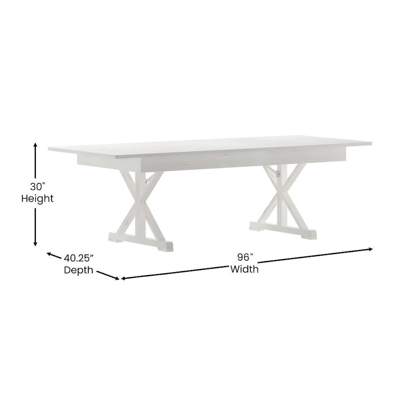 Table à manger pliante rectangulaire en pin massif avec pieds en X, blanc rustique antique