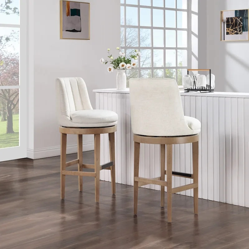 Tabouret de bar pivotant rembourré, dossier capitonné cannelé, assise rembourrée, pieds en bois, lin