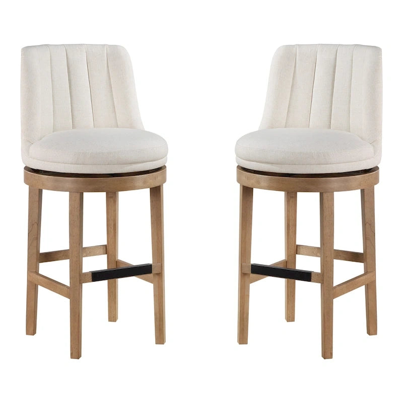 Tabouret de bar pivotant rembourré, dossier capitonné cannelé, assise rembourrée, pieds en bois, lin
