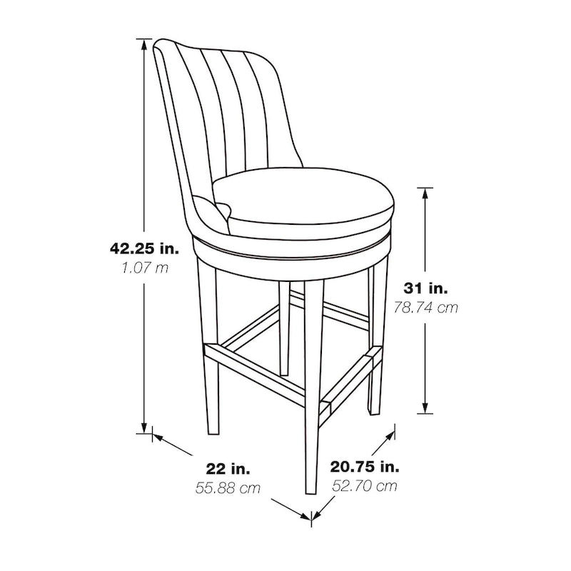 Tabouret de bar pivotant rembourré, dossier capitonné cannelé, assise rembourrée, pieds en bois, lin