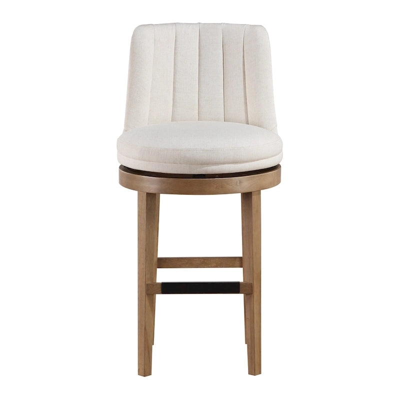 Tabouret de bar pivotant rembourré, dossier capitonné cannelé, assise rembourrée, pieds en bois, lin