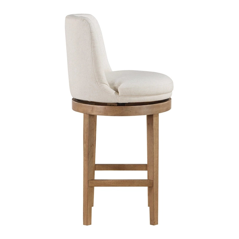 Tabouret de bar pivotant rembourré, dossier capitonné cannelé, assise rembourrée, pieds en bois, lin