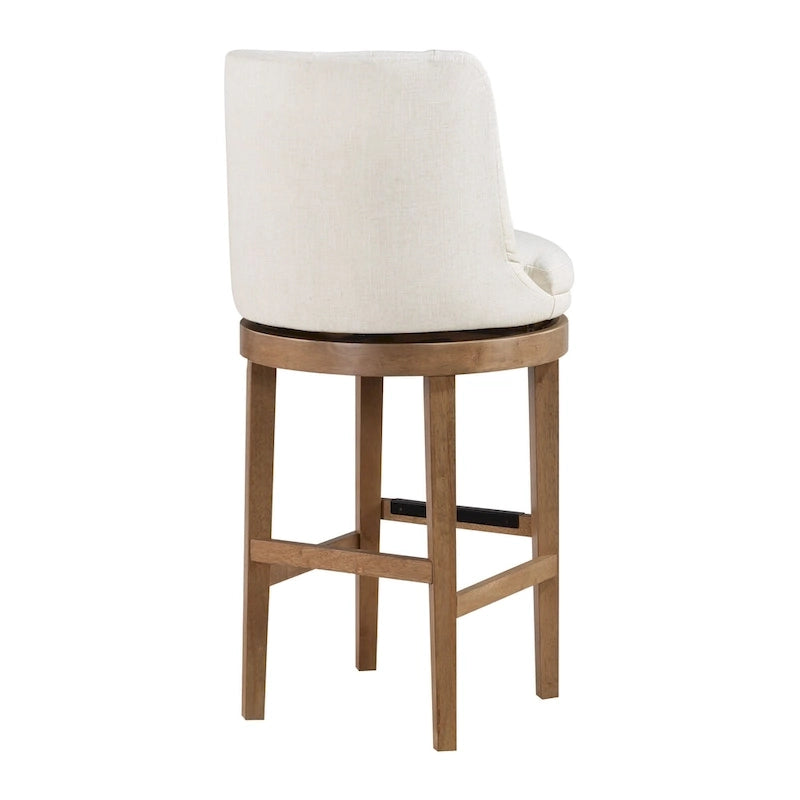 Tabouret de bar pivotant rembourré, dossier capitonné cannelé, assise rembourrée, pieds en bois, lin