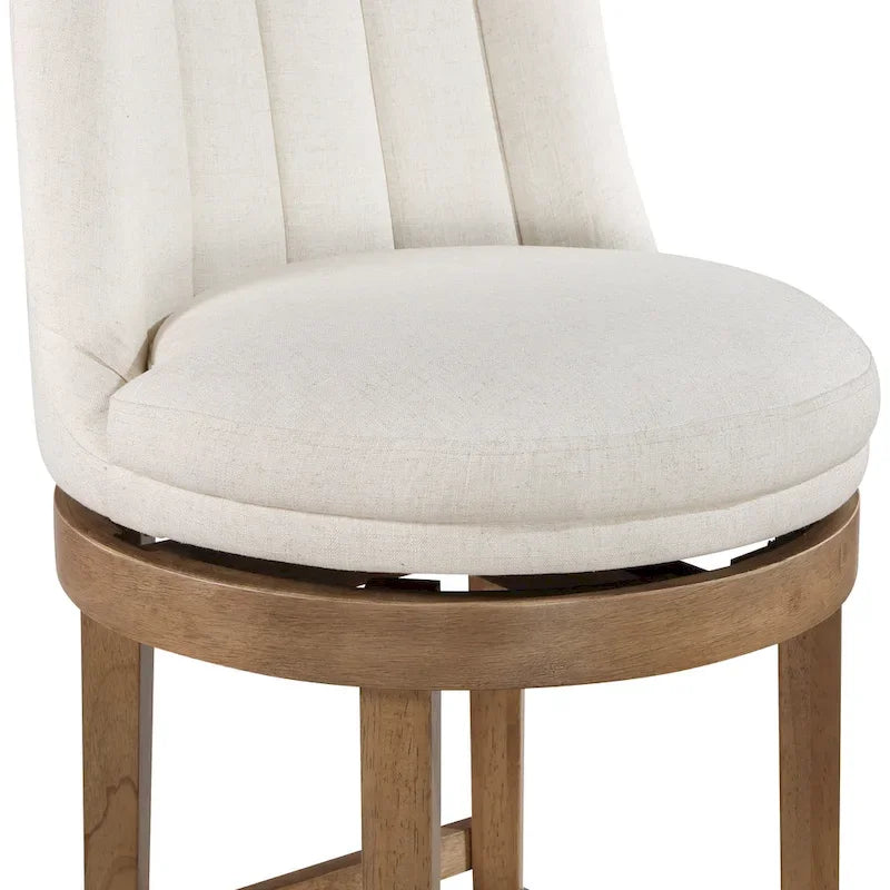 Tabouret de bar pivotant rembourré, dossier capitonné cannelé, assise rembourrée, pieds en bois, lin