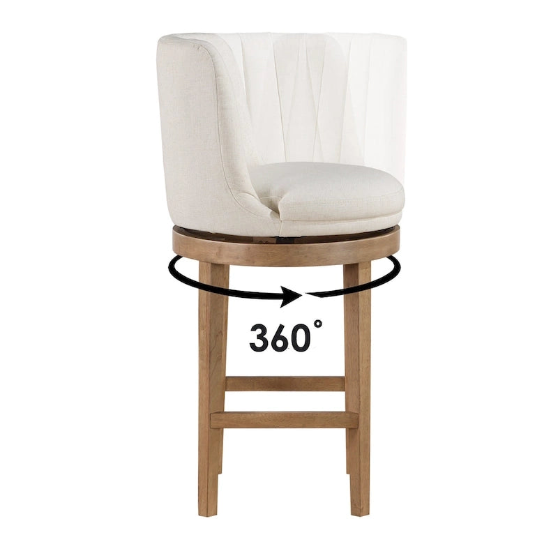 Tabouret de bar pivotant rembourré, dossier capitonné cannelé, assise rembourrée, pieds en bois, lin