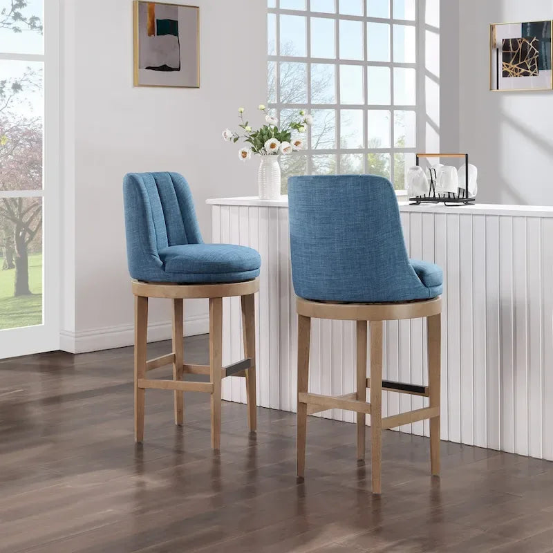 Tabouret de bar pivotant rembourré, dossier capitonné cannelé, assise rembourrée, pieds en bois, lin