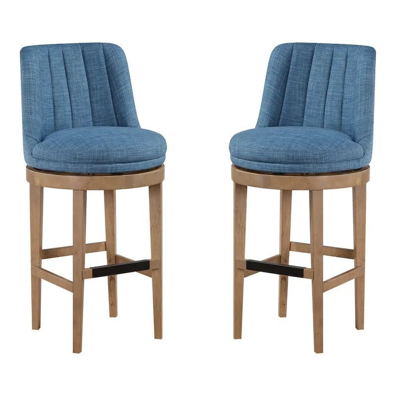 Tabouret de bar pivotant rembourré, dossier capitonné cannelé, assise rembourrée, pieds en bois, lin
