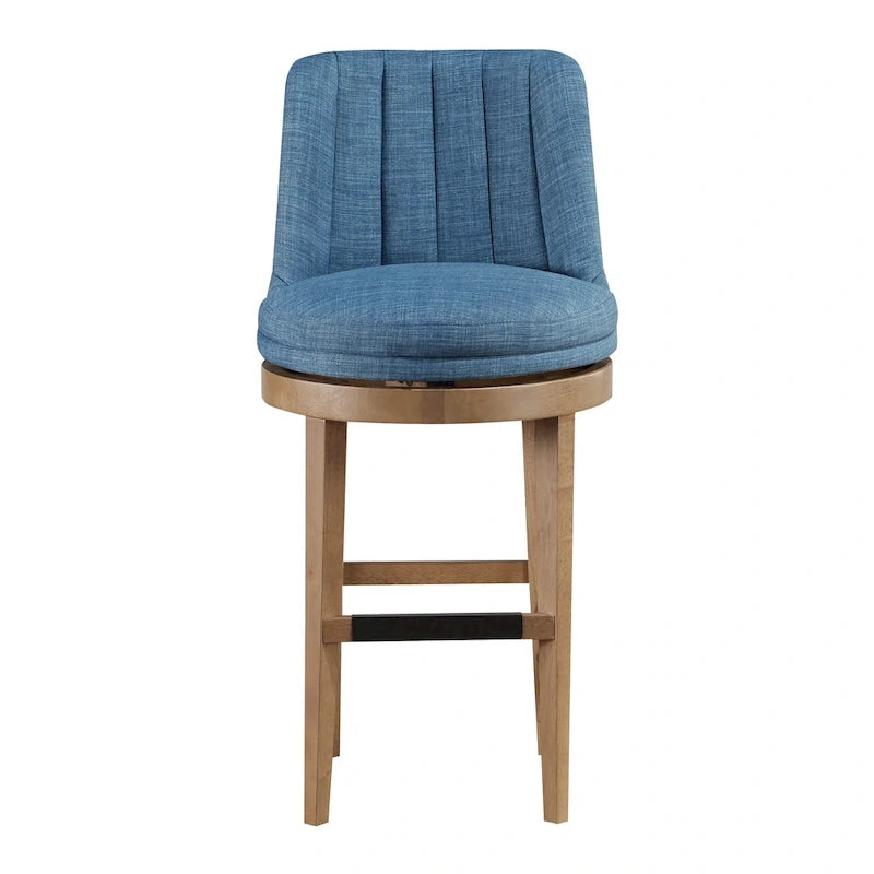 Tabouret de bar pivotant rembourré, dossier capitonné cannelé, assise rembourrée, pieds en bois, lin