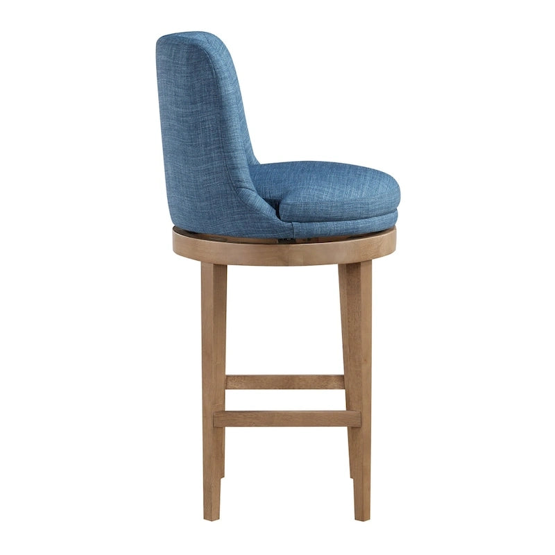 Tabouret de bar pivotant rembourré, dossier capitonné cannelé, assise rembourrée, pieds en bois, lin