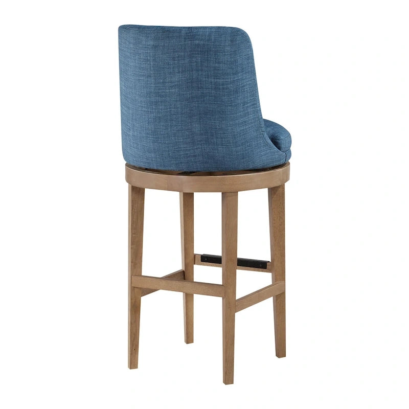 Tabouret de bar pivotant rembourré, dossier capitonné cannelé, assise rembourrée, pieds en bois, lin