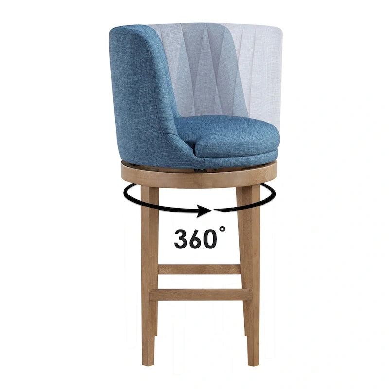 Tabouret de bar pivotant rembourré, dossier capitonné cannelé, assise rembourrée, pieds en bois, lin