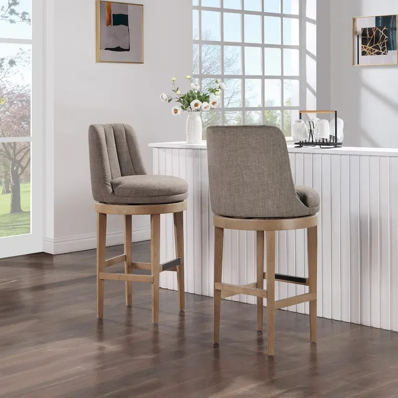 Tabouret de bar pivotant rembourré, dossier capitonné cannelé, assise rembourrée, pieds en bois, lin