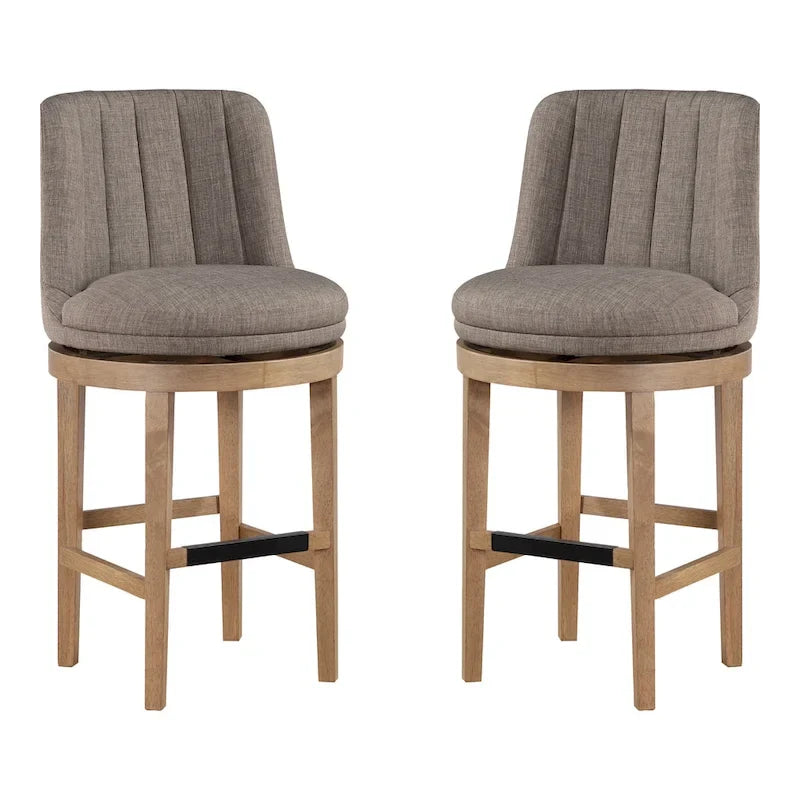 Tabouret de bar pivotant rembourré, dossier capitonné cannelé, assise rembourrée, pieds en bois, lin