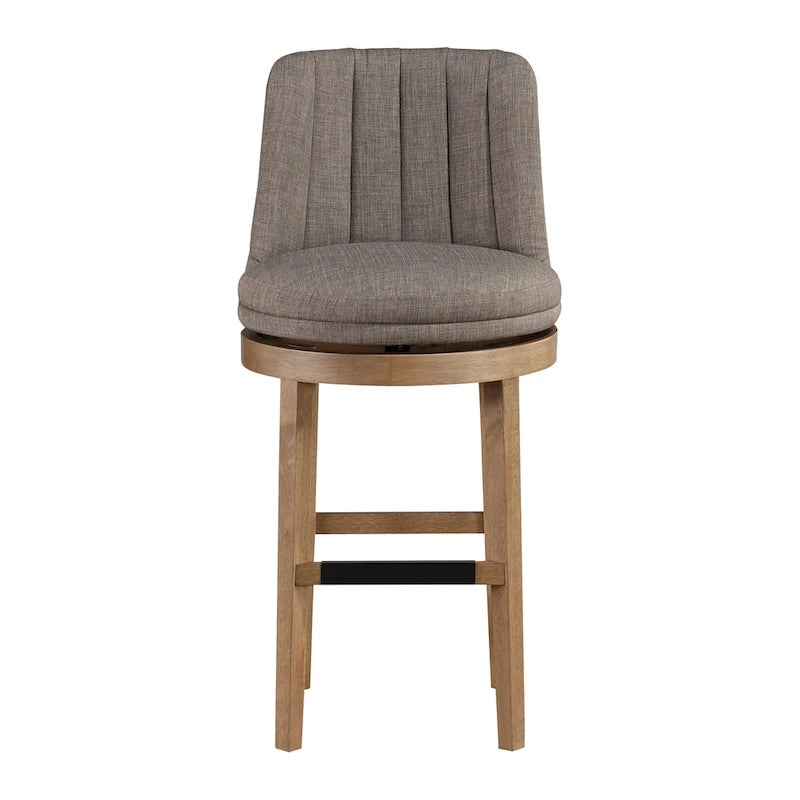 Tabouret de bar pivotant rembourré, dossier capitonné cannelé, assise rembourrée, pieds en bois, lin