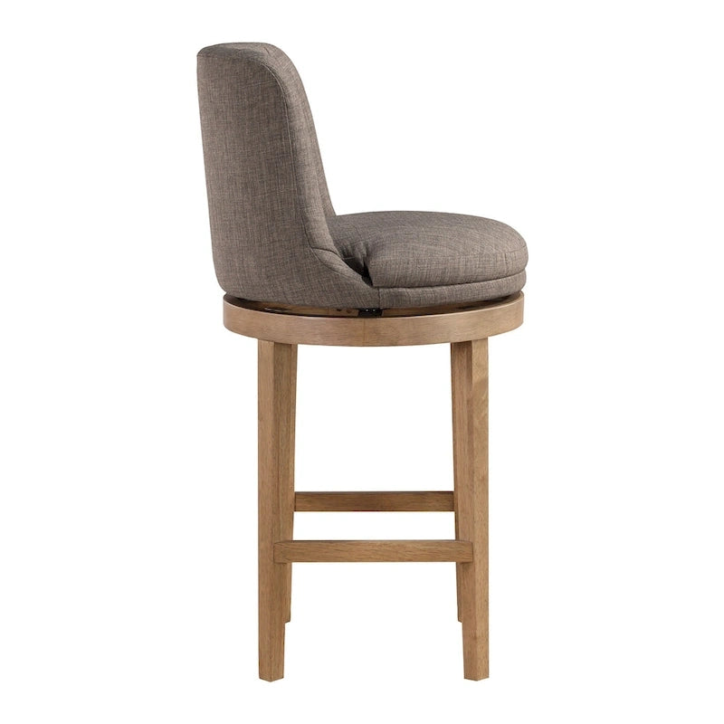 Tabouret de bar pivotant rembourré, dossier capitonné cannelé, assise rembourrée, pieds en bois, lin