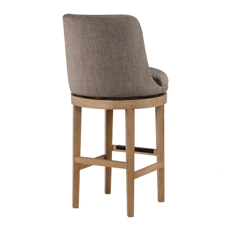 Tabouret de bar pivotant rembourré, dossier capitonné cannelé, assise rembourrée, pieds en bois, lin