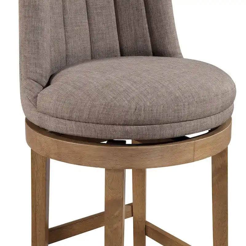 Tabouret de bar pivotant rembourré, dossier capitonné cannelé, assise rembourrée, pieds en bois, lin