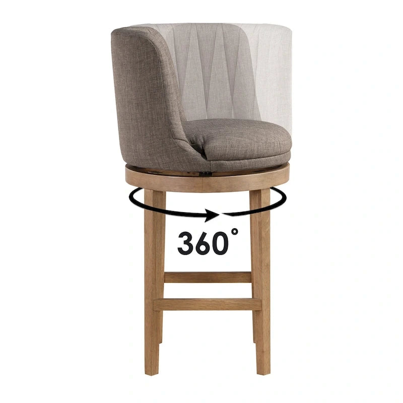 Tabouret de bar pivotant rembourré, dossier capitonné cannelé, assise rembourrée, pieds en bois, lin