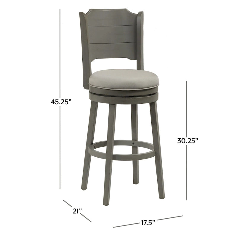 Tabouret de bar pivotant en bois gris vieilli avec siège rembourré couleur brume