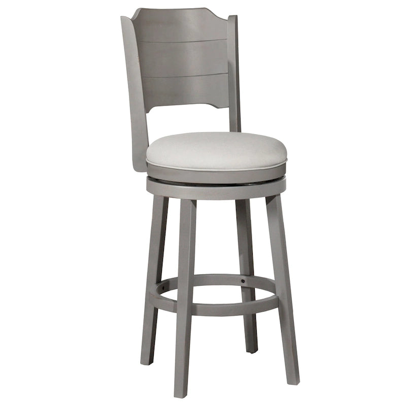 Tabouret de bar pivotant en bois gris vieilli avec siège rembourré couleur brume