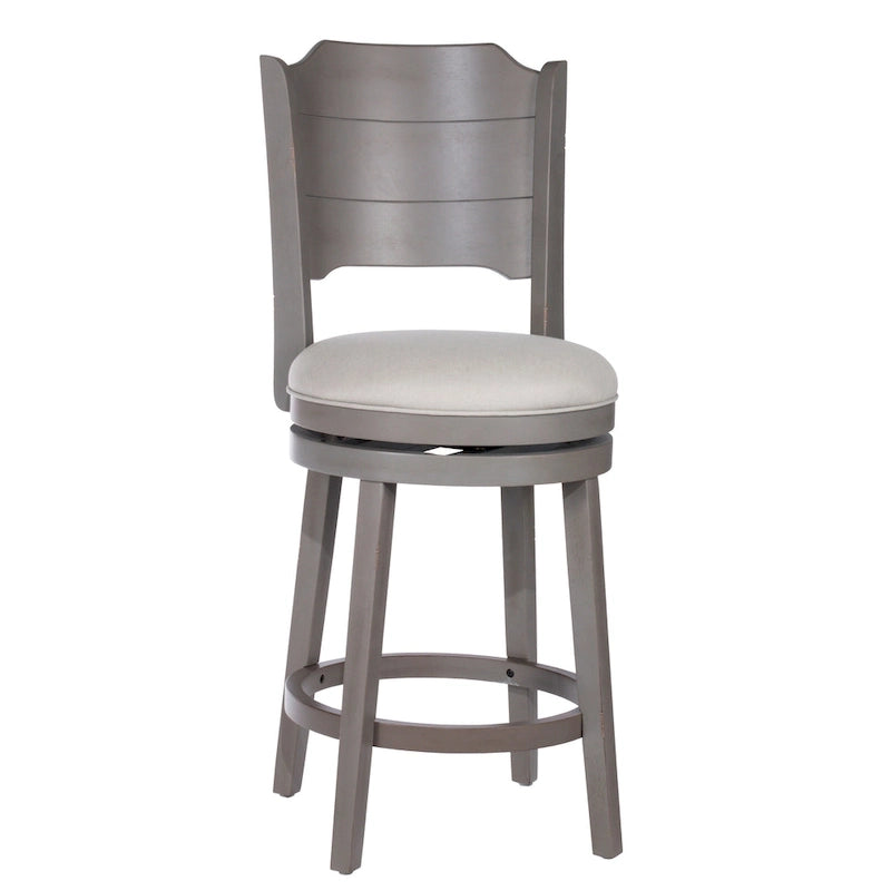 Tabouret de bar pivotant en bois gris vieilli avec siège rembourré couleur brume