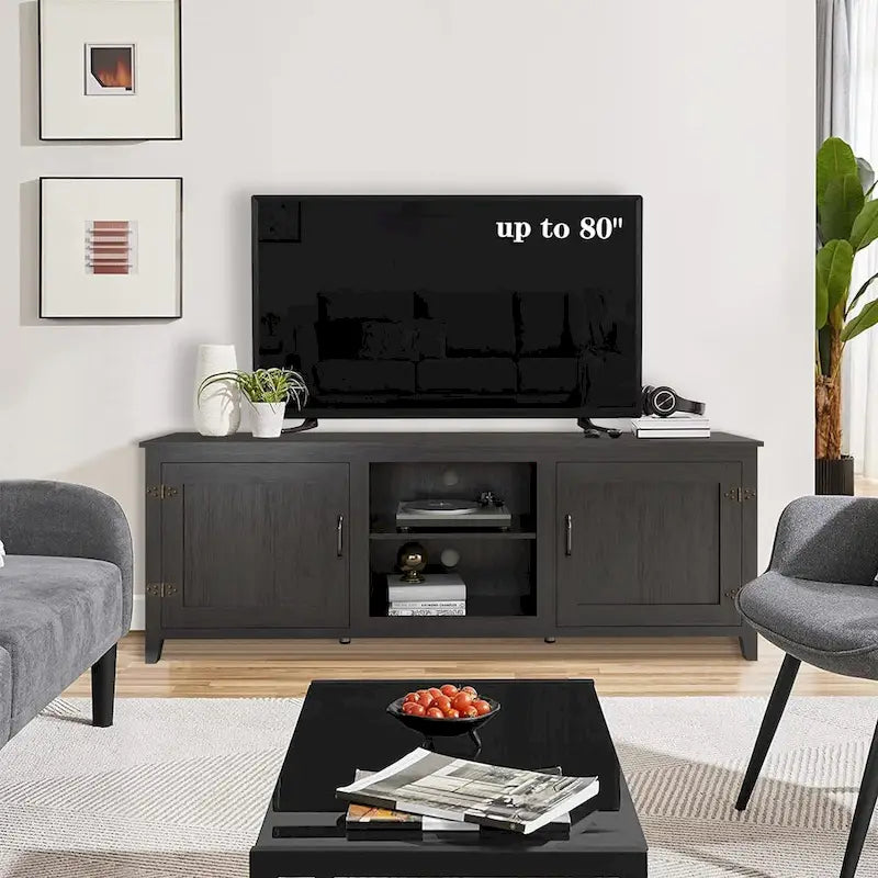 Meuble TV de 70 pouces avec étagères ouvertes et portes, noir