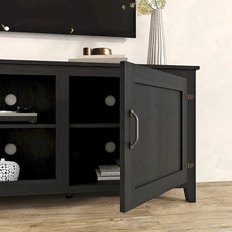 Meuble TV de 70 pouces avec étagères ouvertes et portes, noir