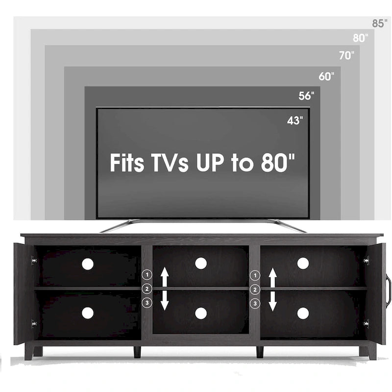Meuble TV de 70 pouces avec étagères ouvertes et portes, noir