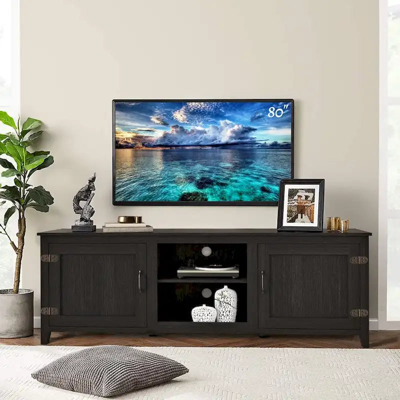 Meuble TV de 70 pouces avec étagères ouvertes et portes, noir