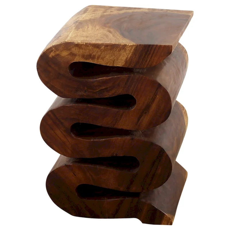 Table d'appoint sculptée à la main en bois massif ondulé, finition à l'huile de noyer