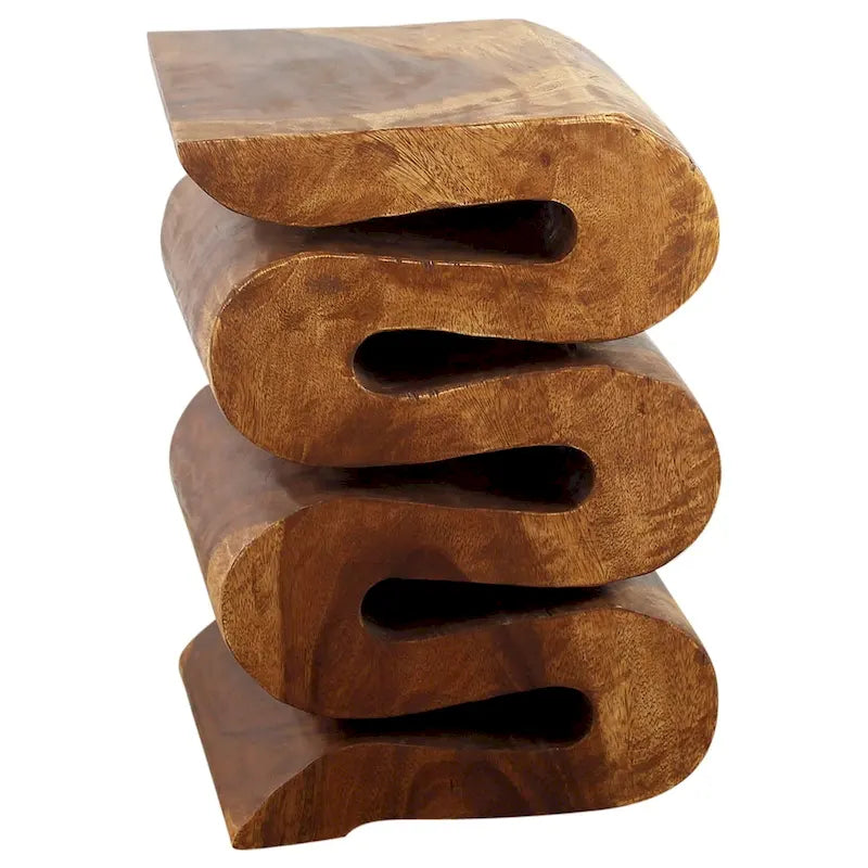 Table d'appoint sculptée à la main en bois massif ondulé, finition à l'huile de noyer