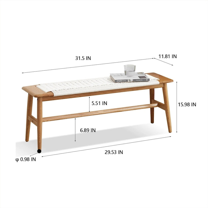 Banc de salle à manger en bois de chêne massif avec assise tressée, finition naturelle, pour chambre ou entrée.
