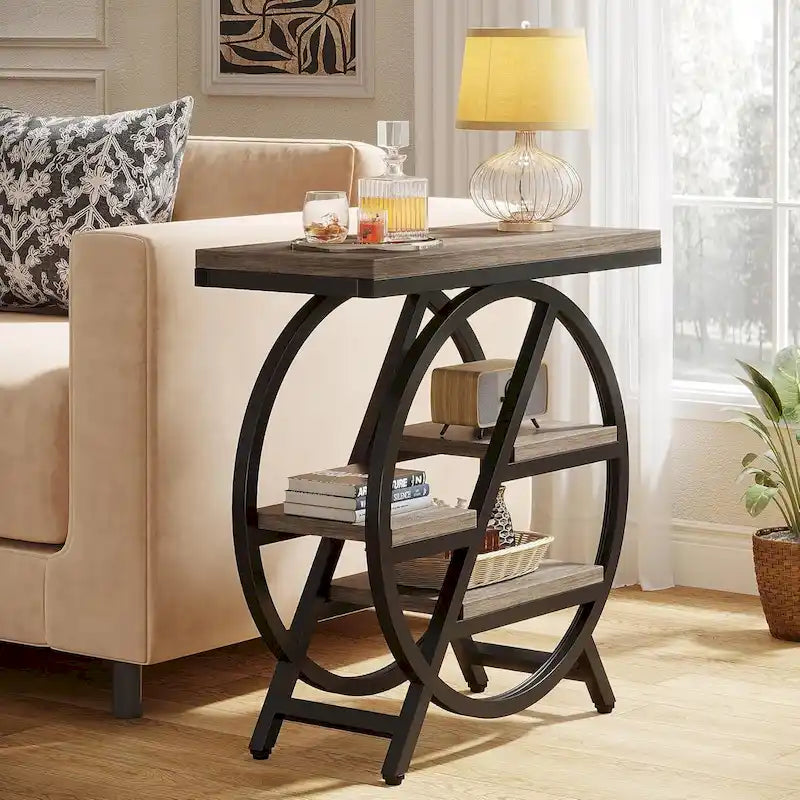 Table d'appoint ronde à 3 niveaux avec étagères de rangement ouvertes, marron et blanc