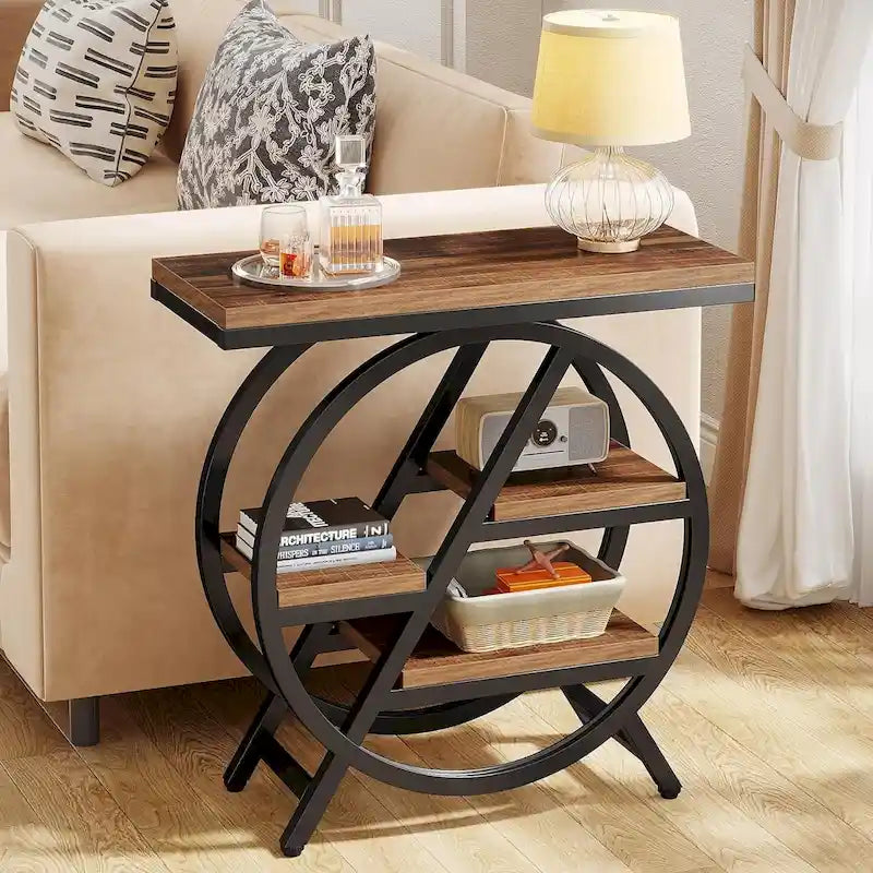 Table d'appoint ronde à 3 niveaux avec étagères de rangement ouvertes, marron et blanc