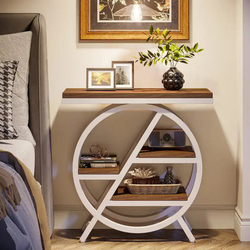 Table d'appoint ronde à 3 niveaux avec étagères de rangement ouvertes, marron et blanc