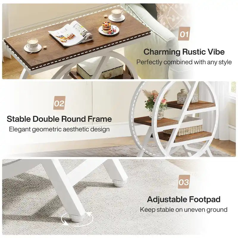 Table d'appoint ronde à 3 niveaux avec étagères de rangement ouvertes, marron et blanc