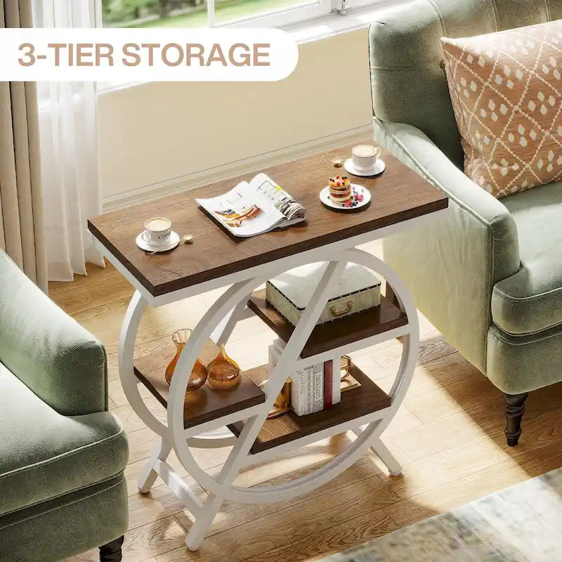 Table d'appoint ronde à 3 niveaux avec étagères de rangement ouvertes, marron et blanc