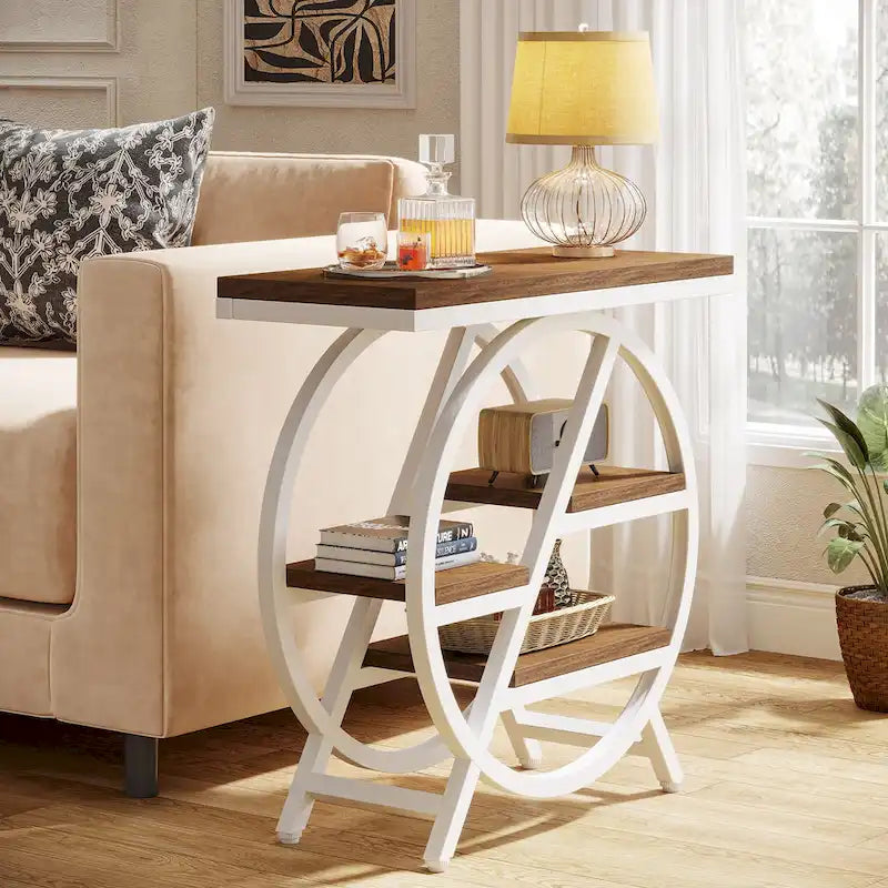 Table d'appoint ronde à 3 niveaux avec étagères de rangement ouvertes, marron et blanc