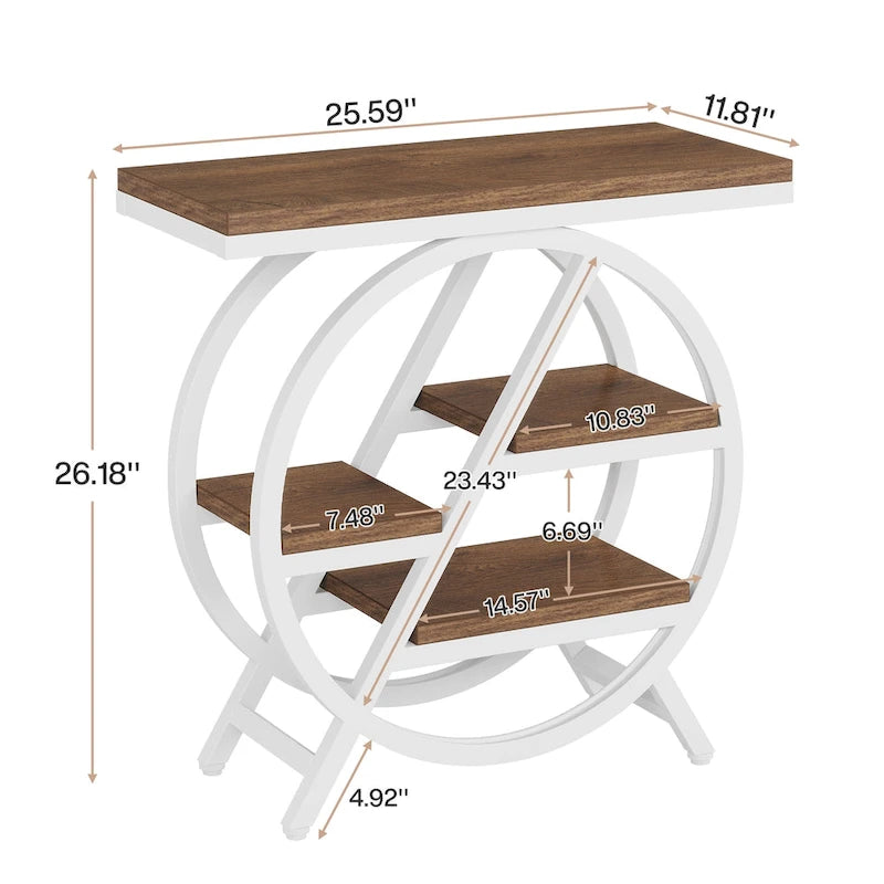 Table d'appoint ronde à 3 niveaux avec étagères de rangement ouvertes, marron et blanc