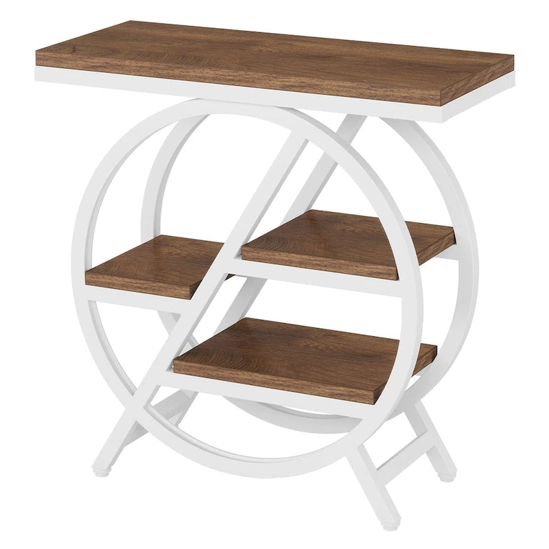 Table d'appoint ronde à 3 niveaux avec étagères de rangement ouvertes, marron et blanc