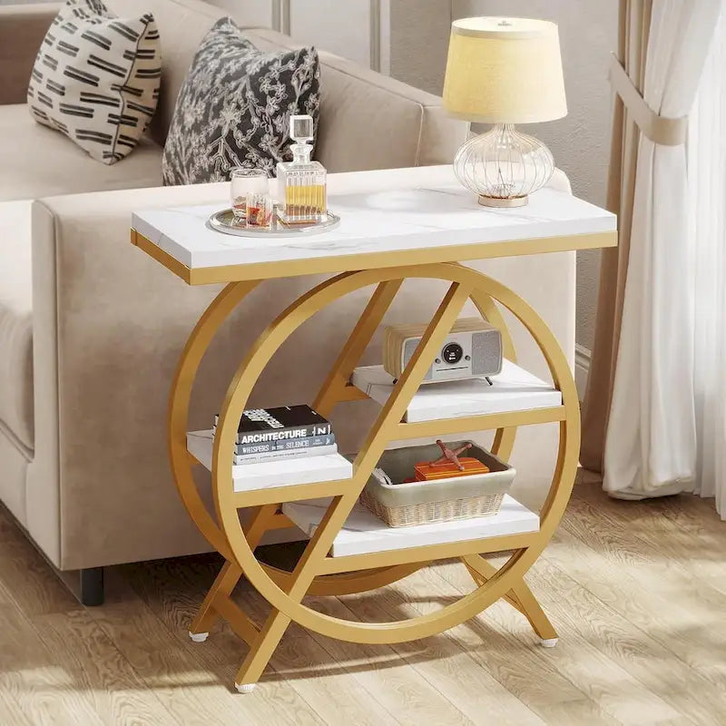 Table d'appoint ronde à 3 niveaux avec étagères de rangement ouvertes, marron et blanc