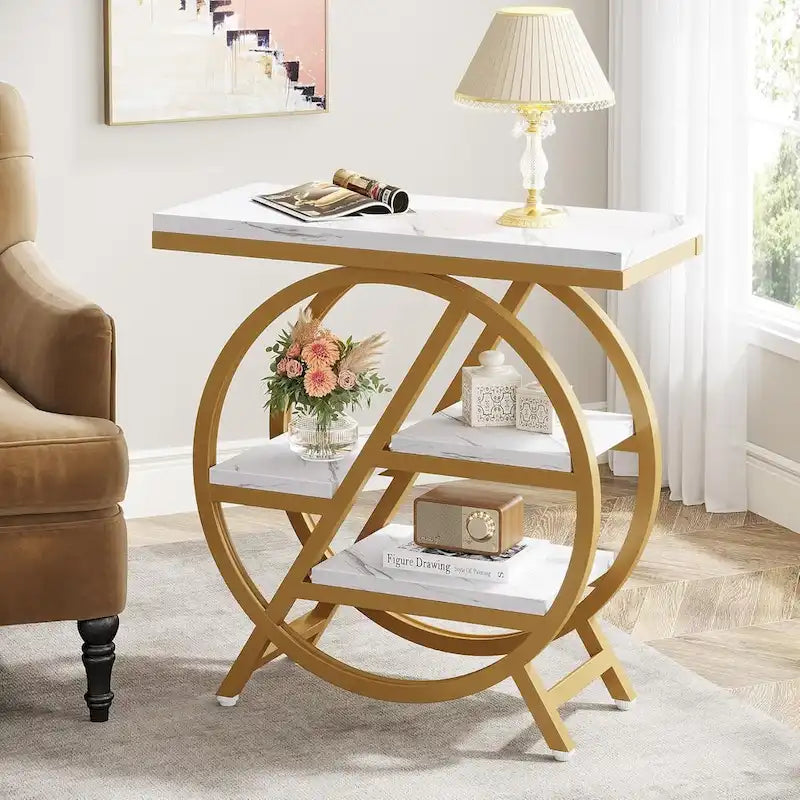 Table d'appoint ronde à 3 niveaux avec étagères de rangement ouvertes, marron et blanc