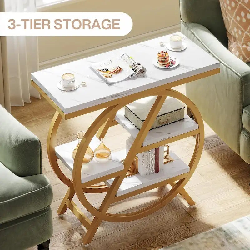 Table d'appoint ronde à 3 niveaux avec étagères de rangement ouvertes, marron et blanc