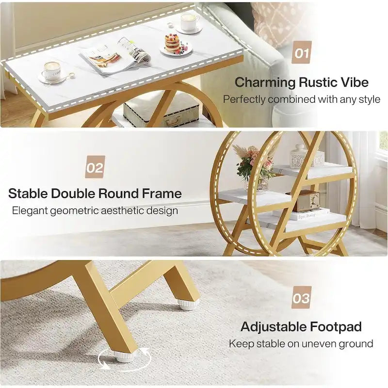 Table d'appoint ronde à 3 niveaux avec étagères de rangement ouvertes, marron et blanc