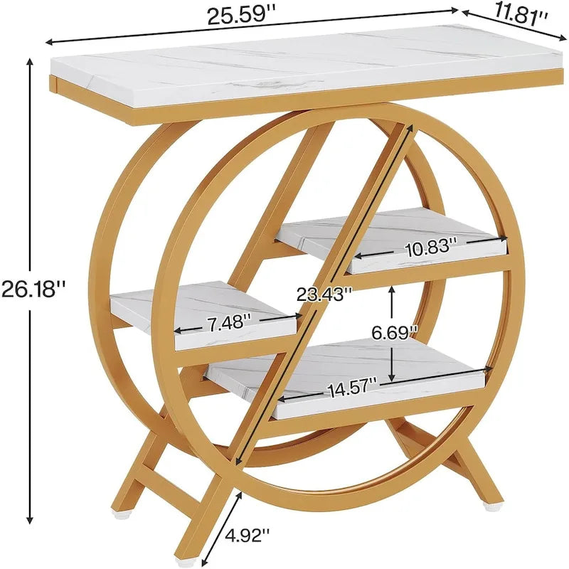 Table d'appoint ronde à 3 niveaux avec étagères de rangement ouvertes, marron et blanc