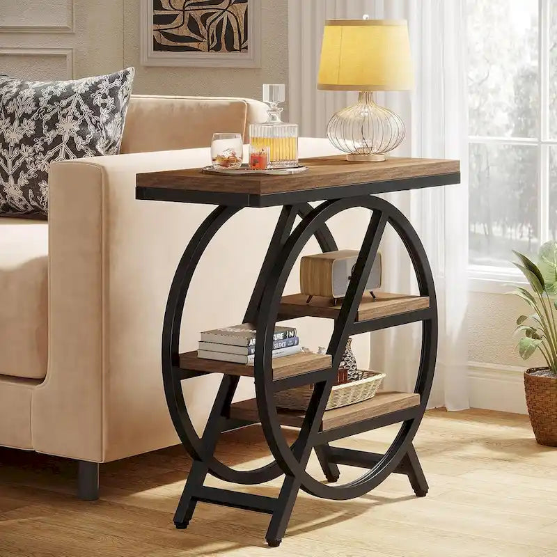 Table d'appoint ronde à 3 niveaux avec étagères de rangement ouvertes, marron et blanc