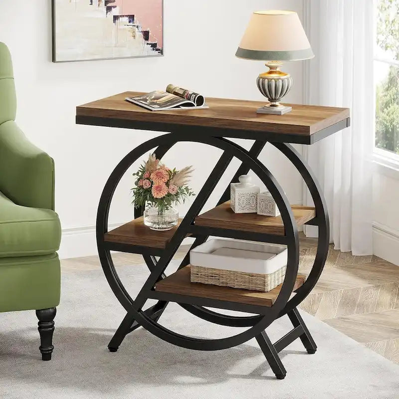 Table d'appoint ronde à 3 niveaux avec étagères de rangement ouvertes, marron et blanc