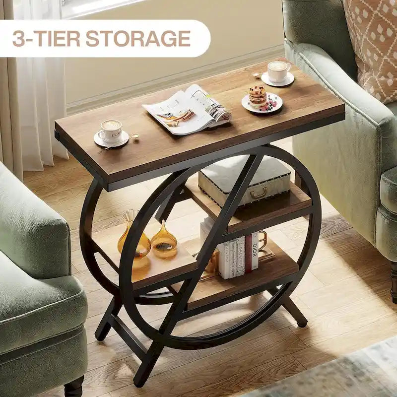 Table d'appoint ronde à 3 niveaux avec étagères de rangement ouvertes, marron et blanc