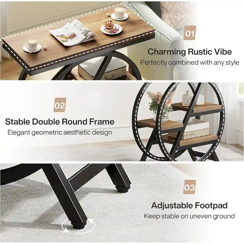 Table d'appoint ronde à 3 niveaux avec étagères de rangement ouvertes, marron et blanc