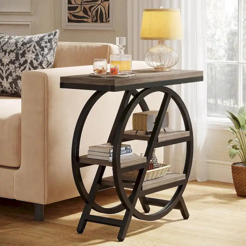 Table d'appoint ronde à 3 niveaux avec étagères de rangement ouvertes, marron et blanc